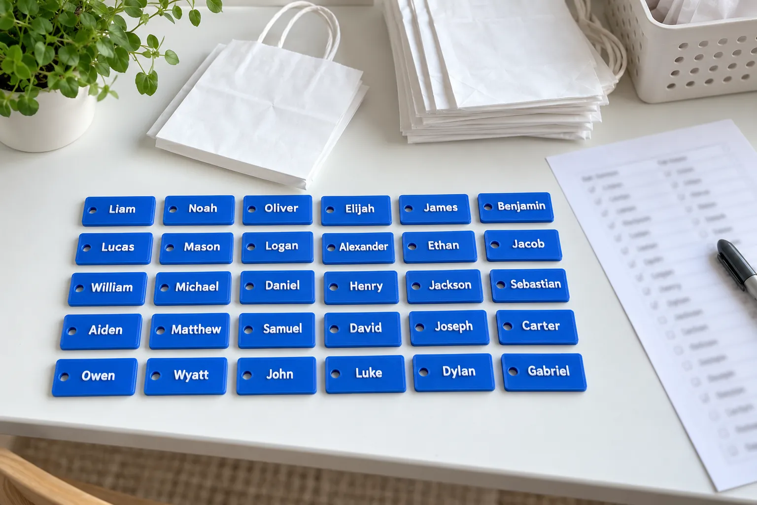 Rows of personalised name tags ready to pack for a class order