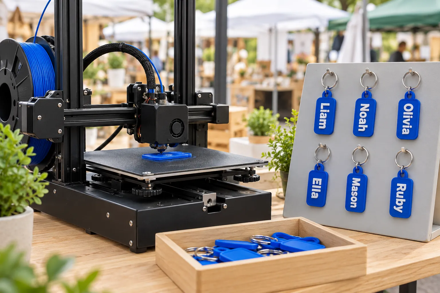 A market stall with a 3D printer and a board of name keychains