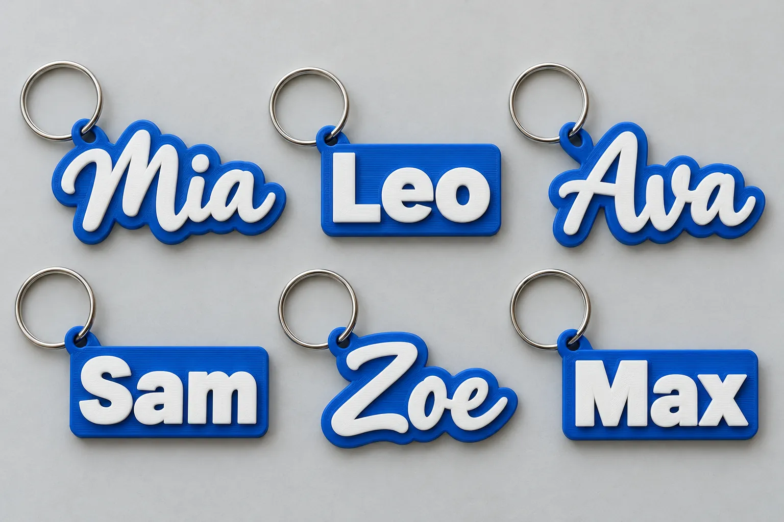 Six personalised keychains laid out for a marketplace listing