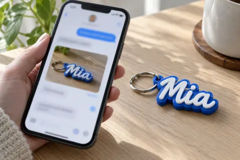 A phone showing a personalised keychain in a chat